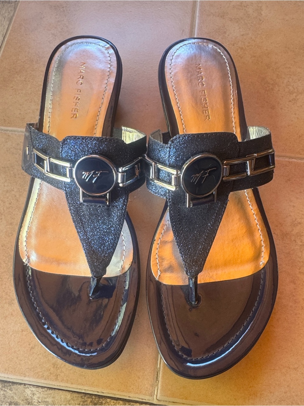Marc Fisher Black Glitter Thong Sandals with Metallic Accent